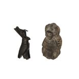 Interesting antique Egyptian/Columbian carved stone baboon figure, 4" high; together with a bronze