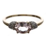 9ct yellow gold oval-cut morganite ring with diamond shoulders, width 6mm, 2.2gm, ring size P **