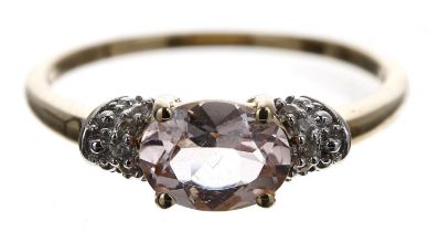 9ct yellow gold oval-cut morganite ring with diamond shoulders, width 6mm, 2.2gm, ring size P **