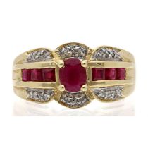 14ct yellow gold ruby and diamond dress ring, width 10mm, 4.8gm, ring size K/L (624)