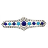 Attractive white metal diamond, turquoise and lapis lazuli openwork brooch, 13.4gm, 74mm wide (522)