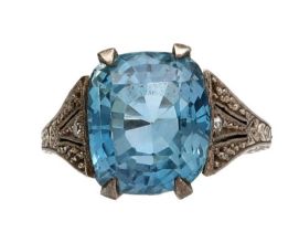 White metal patterned mount large blue topaz and diamond ring, width 13.5mm, 4.9gm, ring size H/I (
