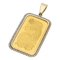 14ct mounted '1 ounce Fine Gold 999.9' ingot pendant with diamond set mount, 38.7gm, 62mm x 29mm