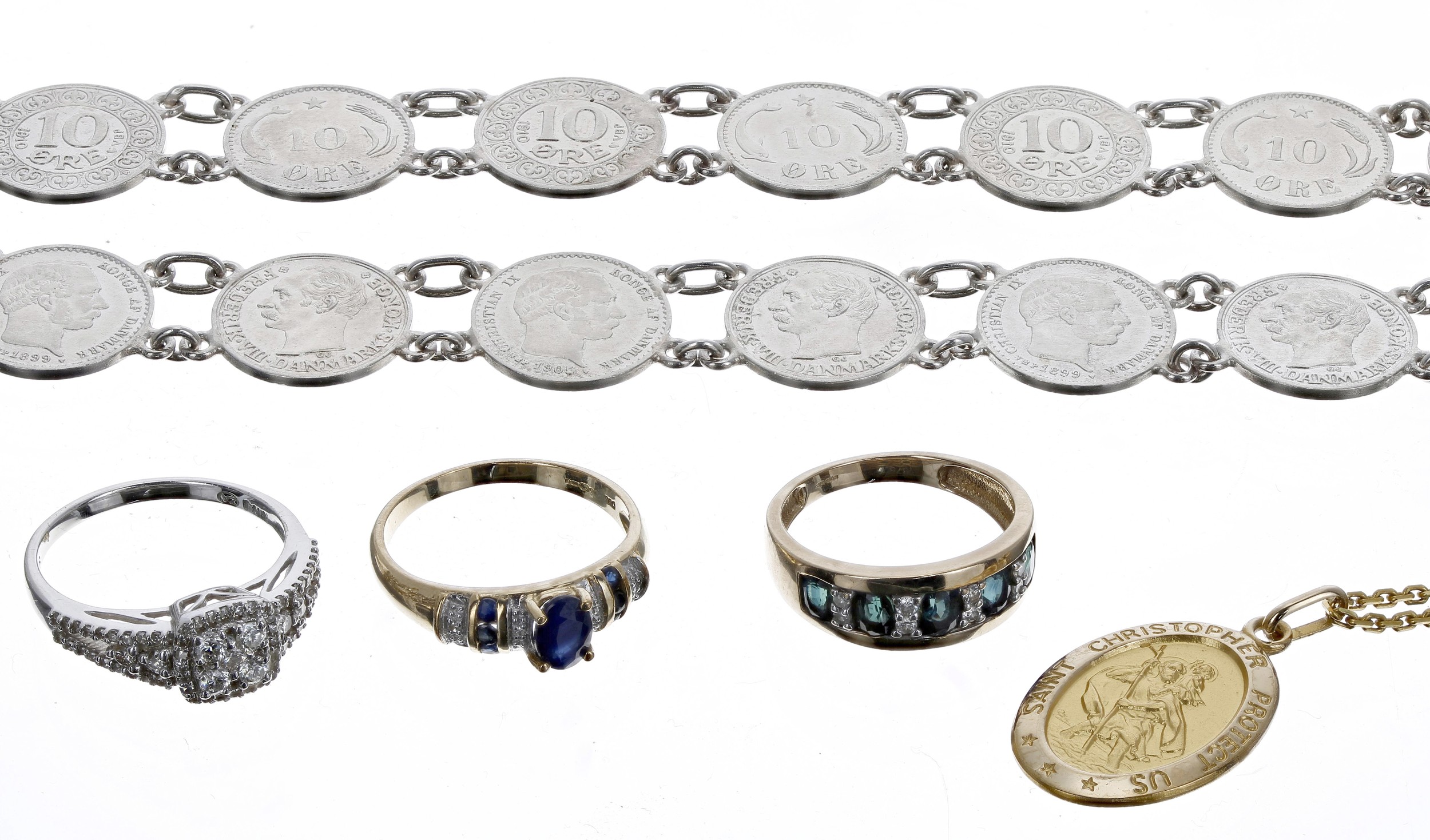 Three assorted 9ct gem set diamond rings, 7.2gm, white metal '10 Ore' Norwegian coin necklet,