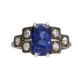 White metal sapphire and diamond cluster ring, the sapphire cluster ring, width 11mm, 2.9gm, ring