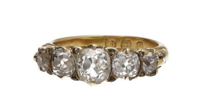 Good quality 18ct old-cut diamond five stone ring in a scroll setting, Birmingham 1889, estimated