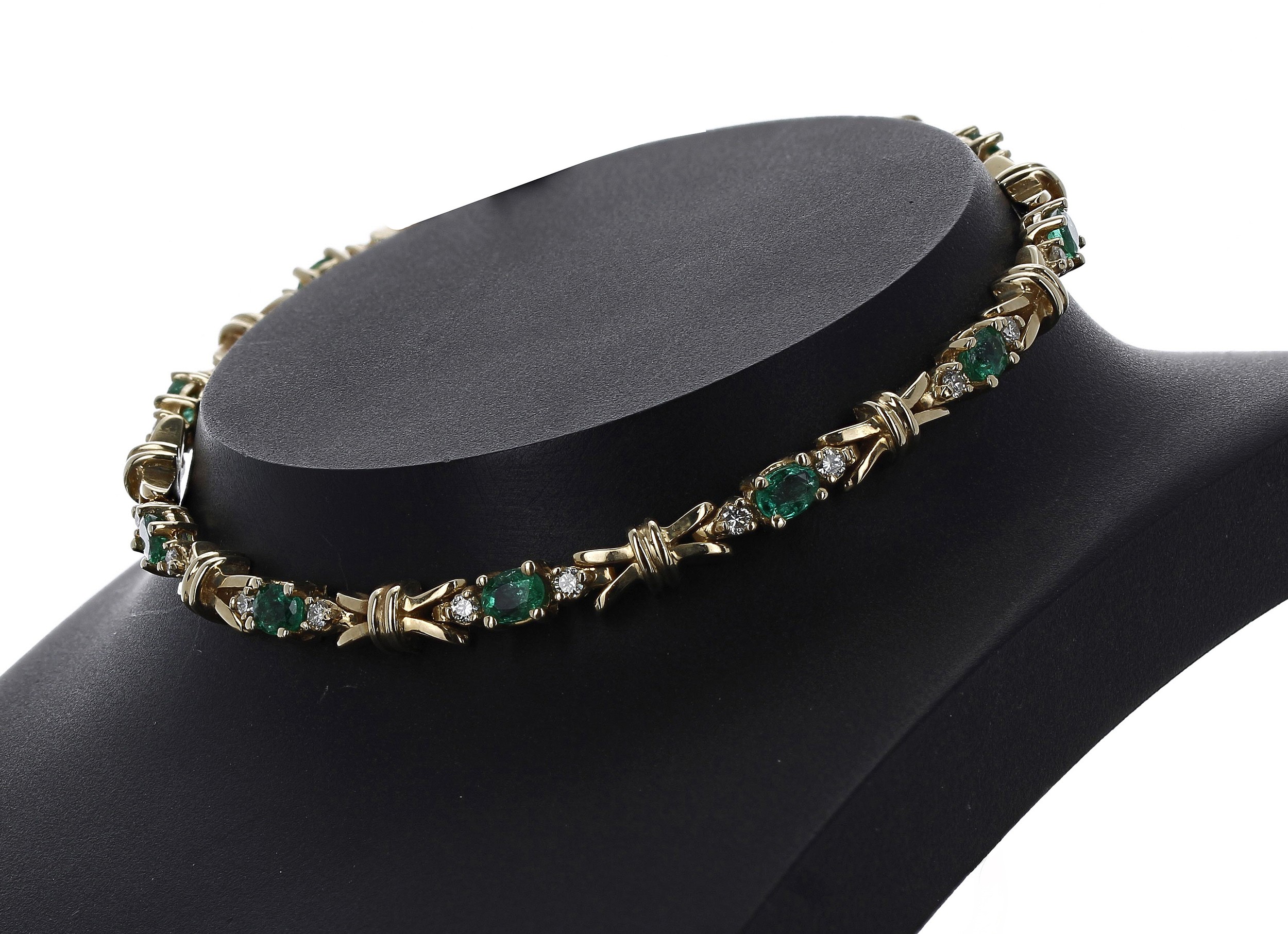 Pretty 14ct yellow gold emerald and diamond bracelet, width 5mm, 12.4gm, 6.75" long (513)