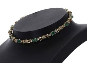 Pretty 14ct yellow gold emerald and diamond bracelet, width 5mm, 12.4gm, 6.75" long (513)