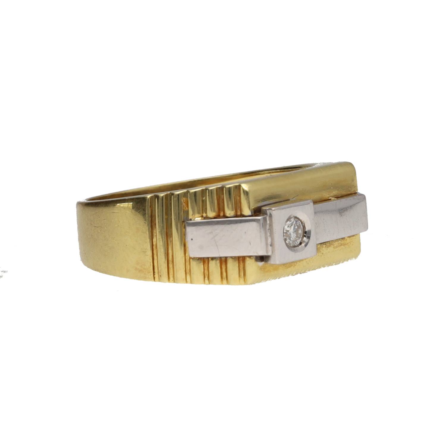 18ct yellow and white gold retro style ring set with a single diamond, round brilliant-cut, 0.10ct - Image 2 of 2