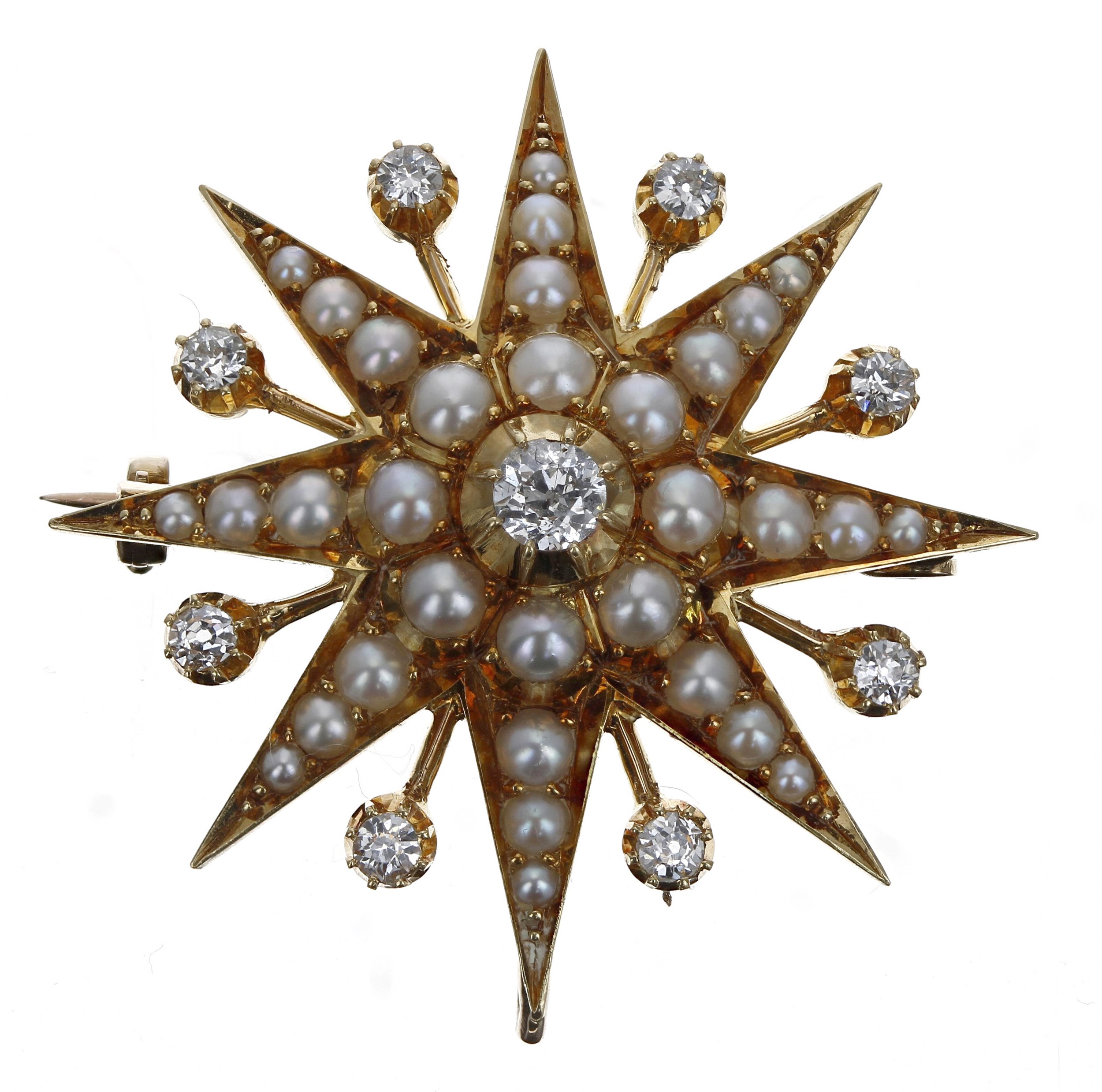 Attractive antique old-cut diamond and seed pearl set star brooch, the centre diamond 0.20ct approx,