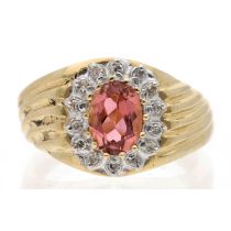 14ct pink gem set and diamond cluster ring, width 12mm, 3.7gm, ring size K/L (625)