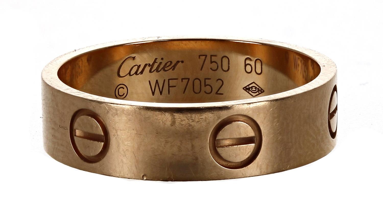 Cartier Love 18ct yellow gold band ring, signed, no. WF7052 60, width 6mm, 6.2gm, ring size R/S (7)