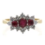 Attractive 18ct yellow gold ruby and diamond cluster ring, centred with three round-cut rubies in