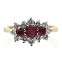 Attractive 18ct yellow gold ruby and diamond cluster ring, centred with three round-cut rubies in