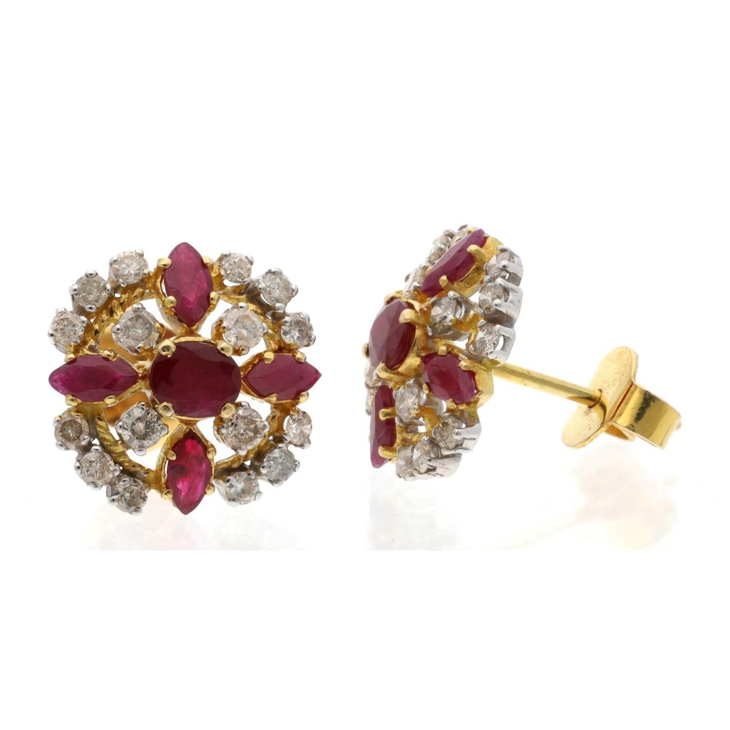 Pair of attractive bicolour gold ruby and diamond cluster earrings, post backs, 4.9gm, 16mm (635)