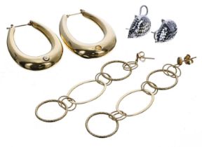 Three various pairs of 18ct earrings,  stamped 750, 22.6gm in total (307)