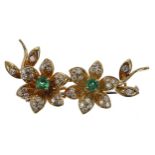 Attractive yellow metal diamond and emerald set flower pin brooch, 9.9gm, 43mm wide (212)