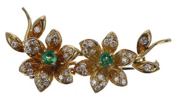 Attractive yellow metal diamond and emerald set flower pin brooch, 9.9gm, 43mm wide (212)