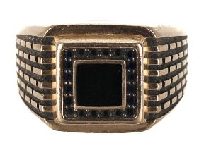 Gentleman's 14ct yellow gold black onyx and black stone set signet ring, width 16mm, 11.3gm, ring