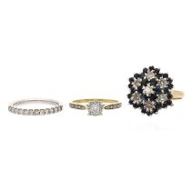 Three assorted 9ct diamond and diamond and gem rings, 8.2gm (612)