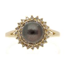 14ct yellow gold diamond and black pearl cluster ring, the pearl 8mm, 3.4gm, ring size R (623)