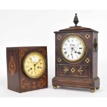 French rosewood inlaid two train mantel clock striking on a bell, 9.75" high (no pendulum); also a