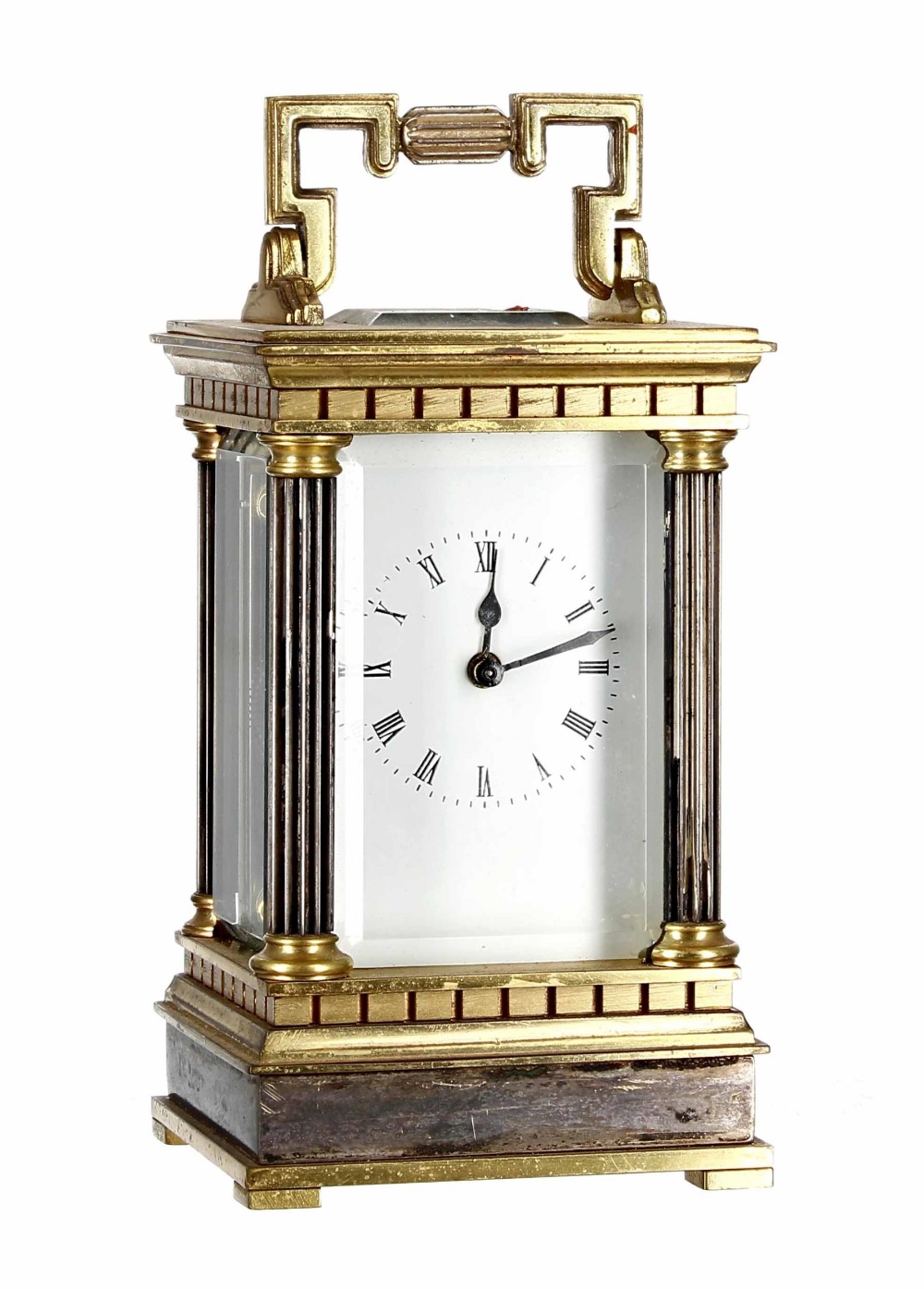 English miniature carriage clock timepiece, the movement back plate stamped Made in England,