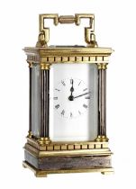 English miniature carriage clock timepiece, the movement back plate stamped Made in England,