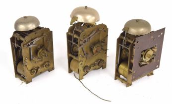 Three various double fusee clock movements with bells, tallest 10" high (3)