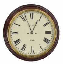 Good mahogany Scottish double fusee 14" wall dial clock signed Jno. McNab, Perth, within a turned