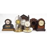 Four various wooden case mantel clocks, all in need of restoration; also two contemporary torsion