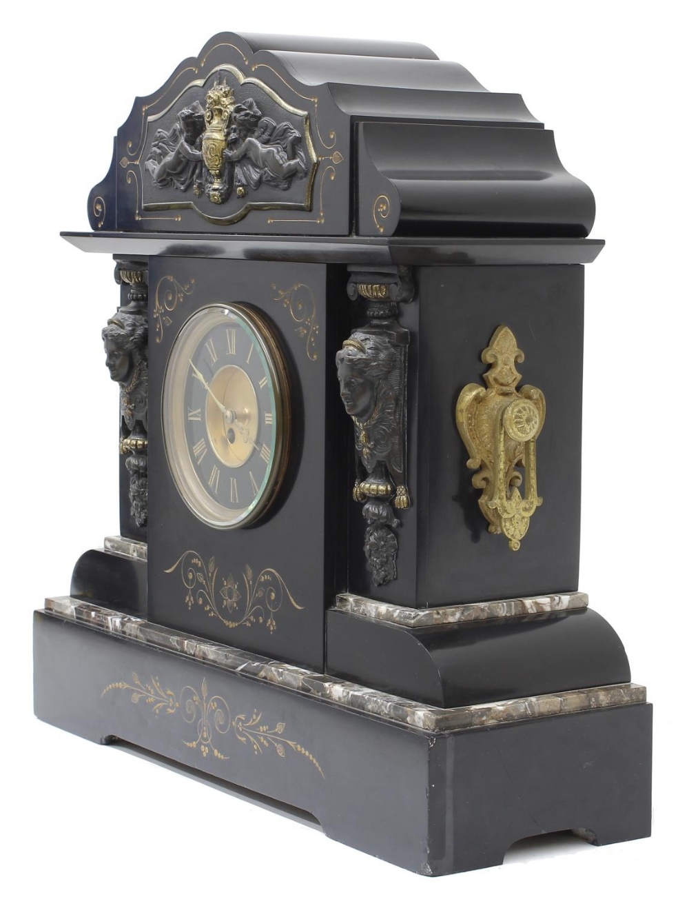 Good French black slate and coloured marble two train mantel clock, the Mougin movement striking - Bild 2 aus 3