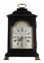 English ebonised double fusee bracket clock, the 7.5" silvered arched dial signed Edwin Fisher, Bath