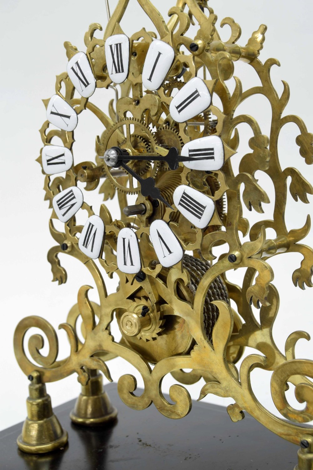 Brass single fusee skeleton clock with passing strike on a bell, the 6" pierced chapter ring with - Image 3 of 5