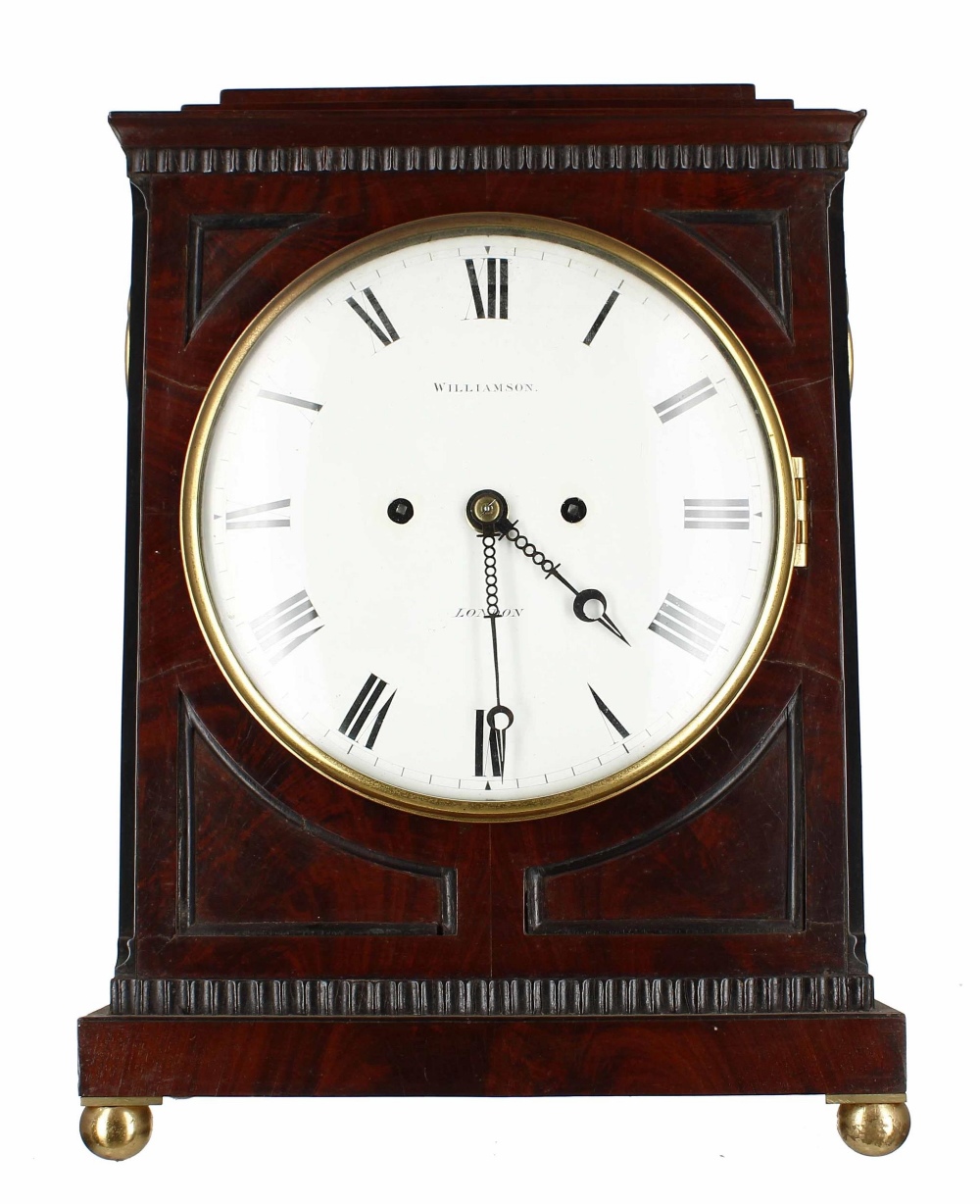 English mahogany double fusee mantel clock, the 8" white dial signed Williamson, London, also signed