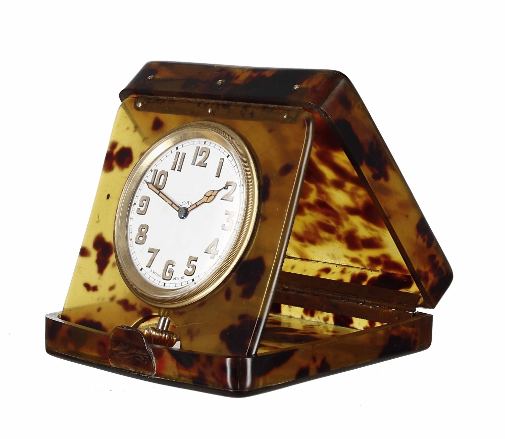 8-Days travel clock, within a faux tortoiseshell hinged case, 2'' dial