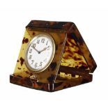 8-Days travel clock, within a faux tortoiseshell hinged case, 2'' dial