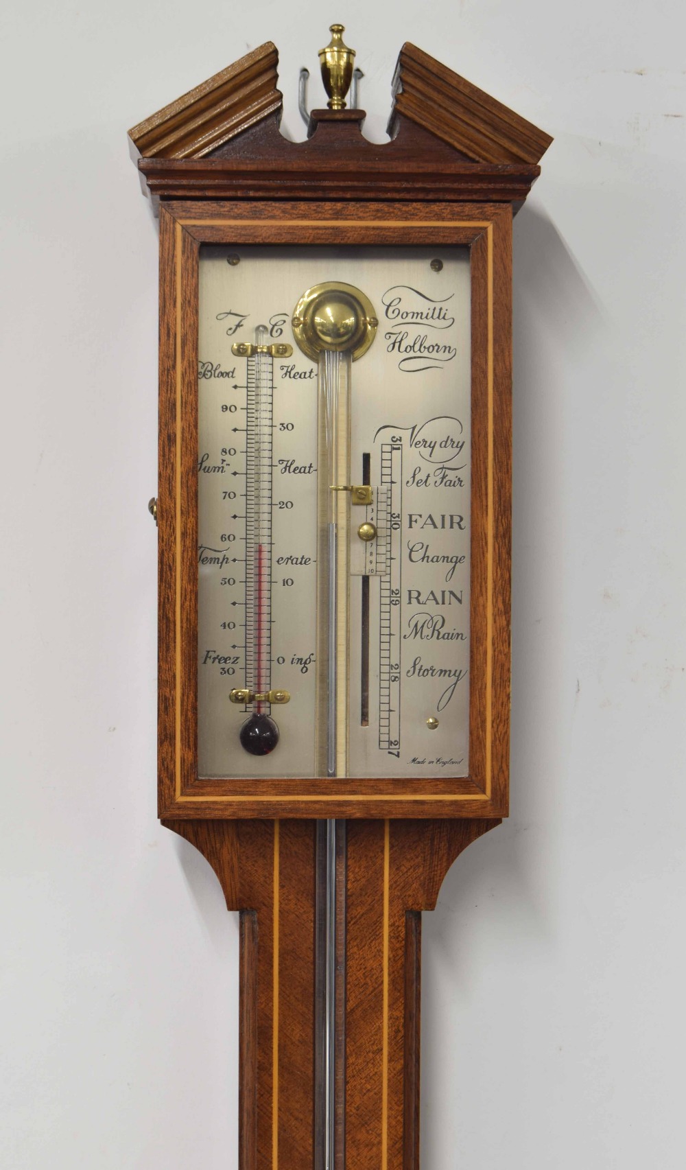 Contemporary mahogany inlaid stick barometer, the silvered scale signed Comitti, Holborn, over a - Image 2 of 2