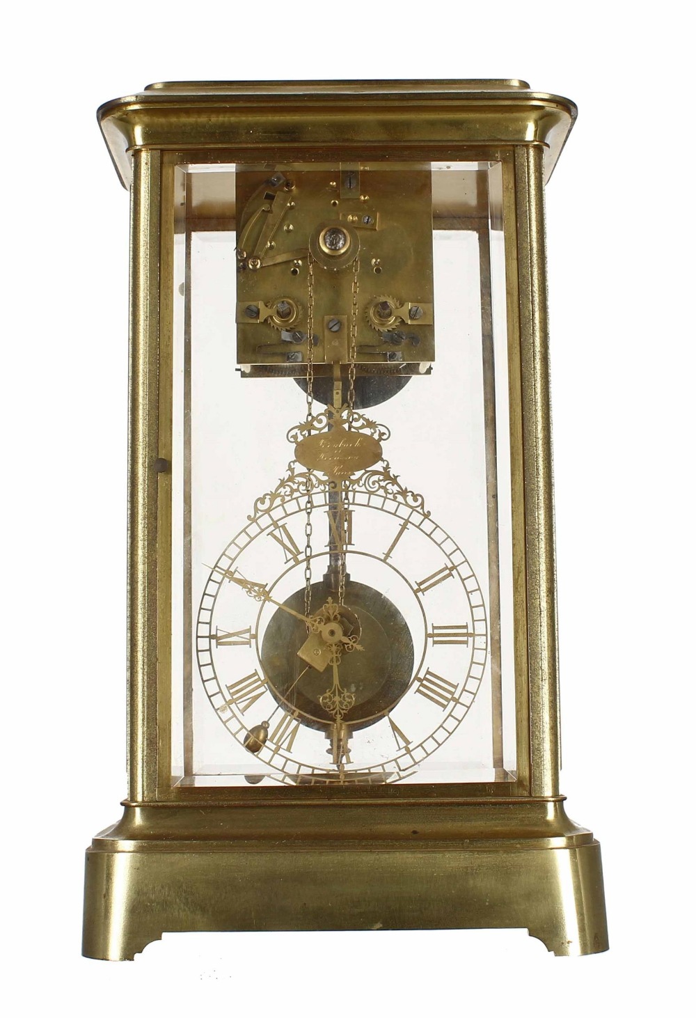 Rare and unusual brass four glass two train mantel clock, the movement housed to the top of the