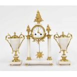 French ormolu and white marble two train mantel clock garniture, the Mougin movement with outside