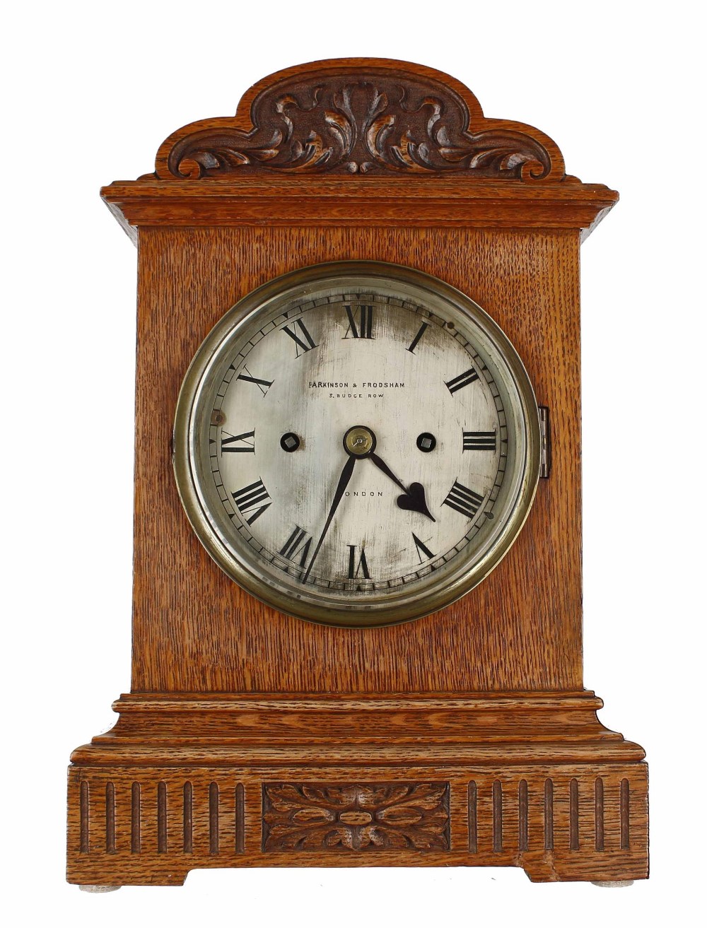 Good oak double fusee bracket clock, the 5.5" silvered dial signed Parkinson & Frodsham, 5 Budge