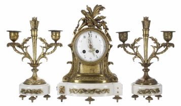 French ormolu and white marble two train mantel clock garniture striking on a bell, the 3.5" white