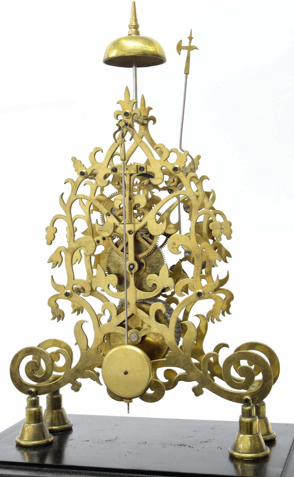 Brass single fusee skeleton clock with passing strike on a bell, the 6" pierced chapter ring with - Image 5 of 5