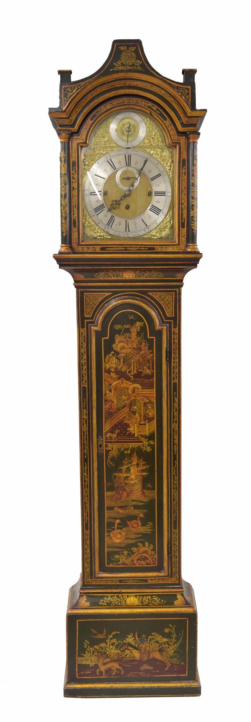 English green lacquer and chinoiserie decorated three train longcase clock, the 12" brass arched