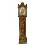 English green lacquer and chinoiserie decorated three train longcase clock, the 12" brass arched