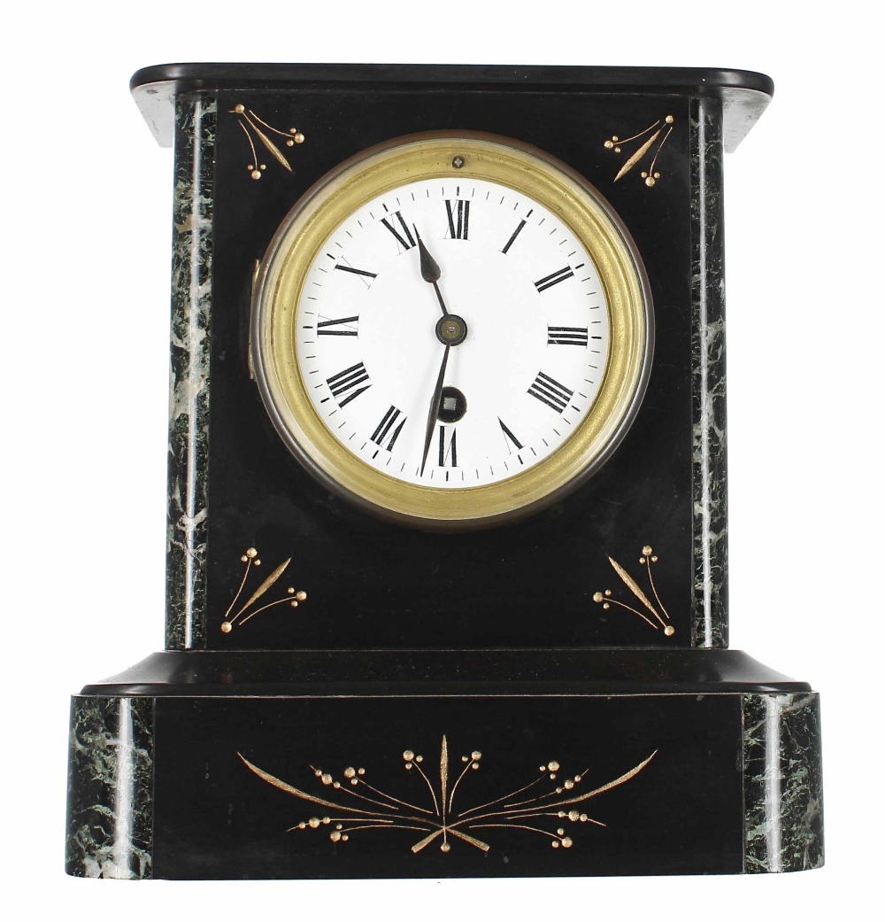 French black slate and green marble mantel clock timepiece, 9" high (pendulum and key)