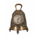 French brass novelty mantel timepiece in the form of a bell, the 2.25" silvered dial inset into