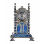Attractive miniature silvered lapis lazuli gothic mantel clock timepiece with later movement, within