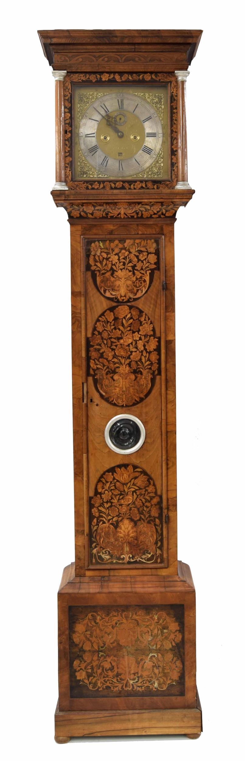 Good walnut and marquetry month going longcase clock, the 12" square brass dial signed Robert