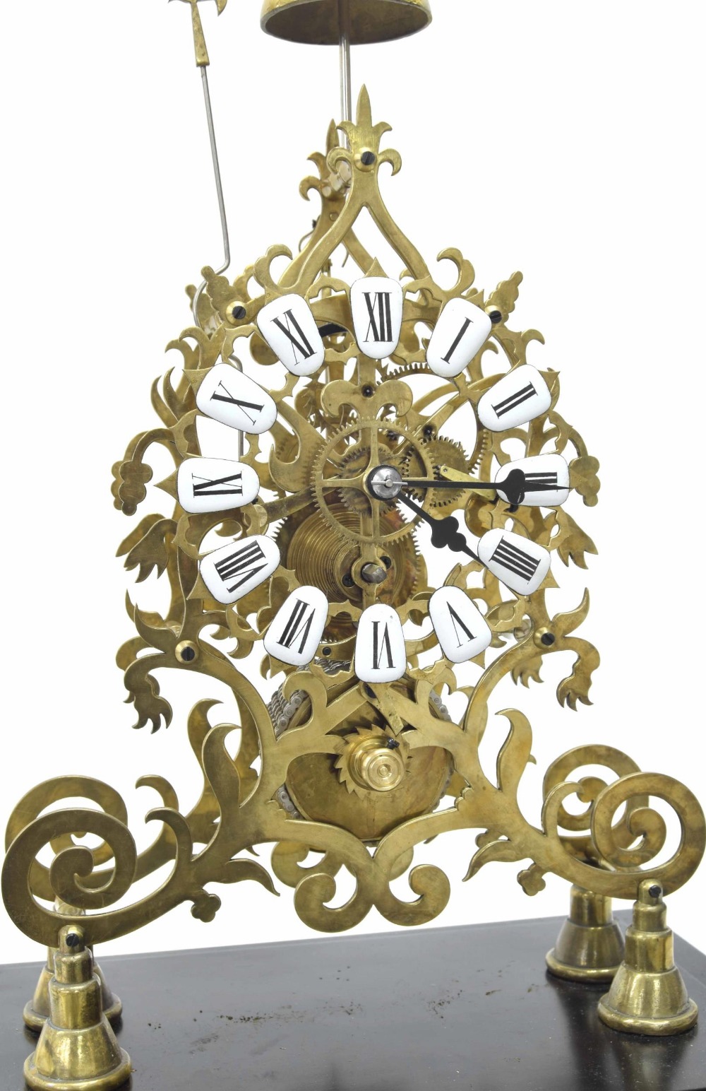 Brass single fusee skeleton clock with passing strike on a bell, the 6" pierced chapter ring with - Image 4 of 5